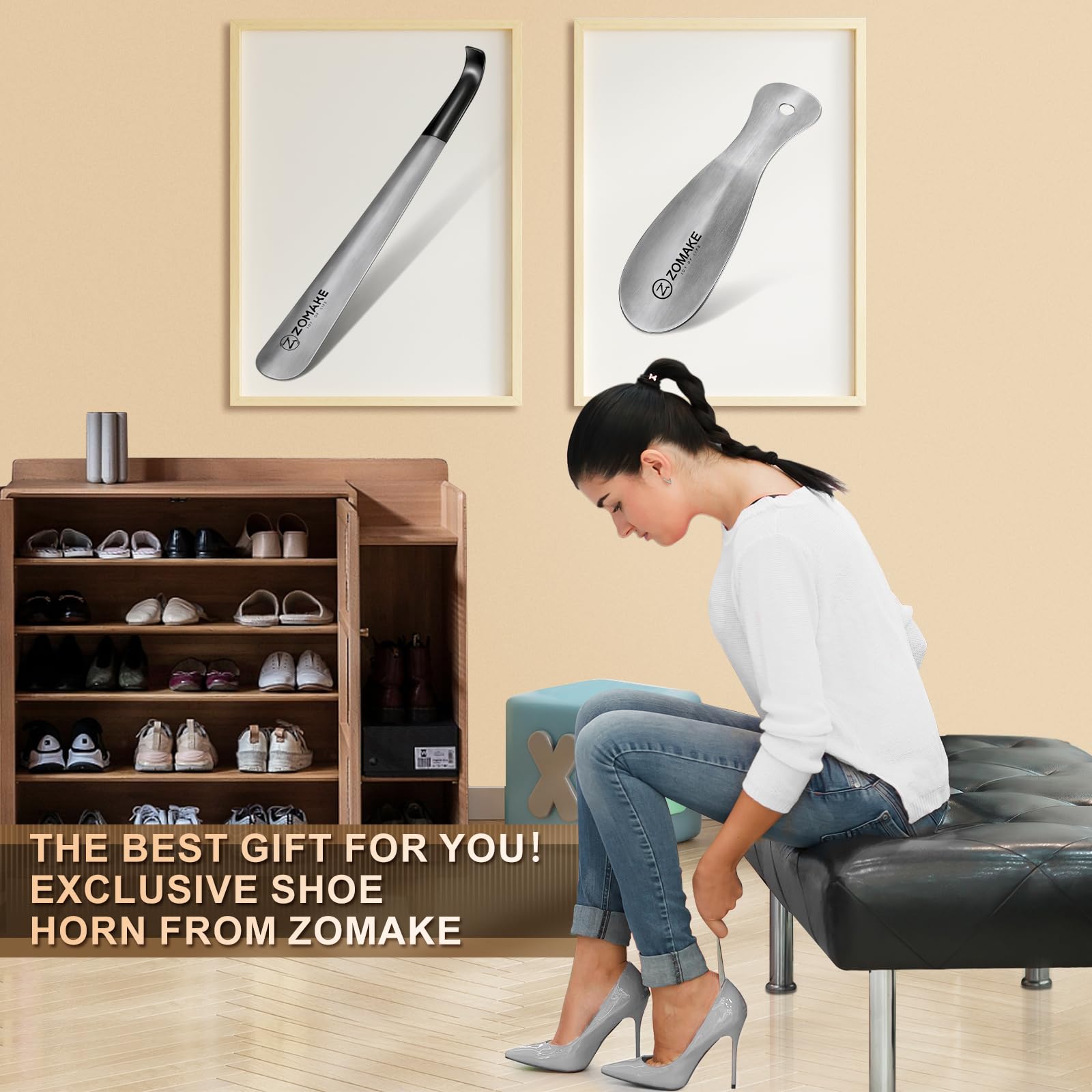 ZOMAKE ZOMAKE Metal Shoe Horn Long Handled with Handle for Seniors, 16.5 inch & 7.5 inch Stainless Steel Small Shoehorn with Hook for Men, Women, Kids(Silver, Pack of 2)