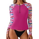 Dokotoo Women's Long Sleeve Rash Guard Zip Front Swim Shirt Sun Protection Surfing Top