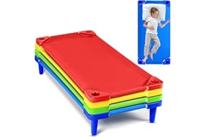 Burbell 4 Pcs Stackable Daycare Cots for Toddler 54" l x 23" W Kids Cots for Sleeping Portable Kids Bed Furniture Bed Frames Headboards Footboards for Classroom Preschool (Multicolor)