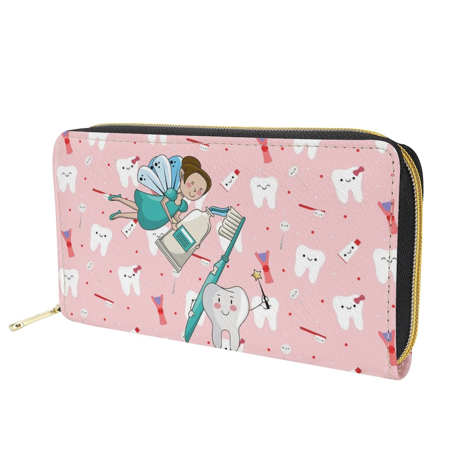 Dolyues Cute Pink Cartoon Tooth Dental Angel Print Women Long Wallets Large Capacity Pu Leather Purse for Credit Card Cash