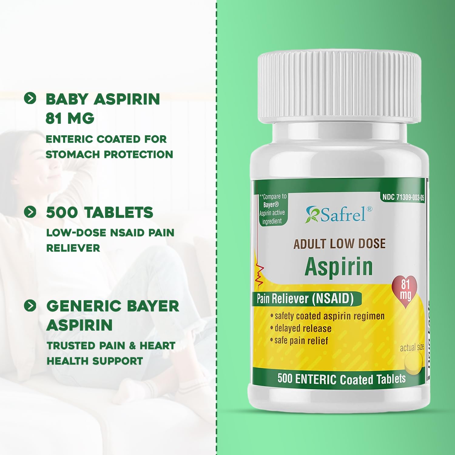 Safrel Generic Bayer Baby Aspirin 81 mg (500 Enteric Coated Tablets) | Adult Low Dose Strength Safe Pain Reliever (NSAID) for Minor Aches | Value Pack