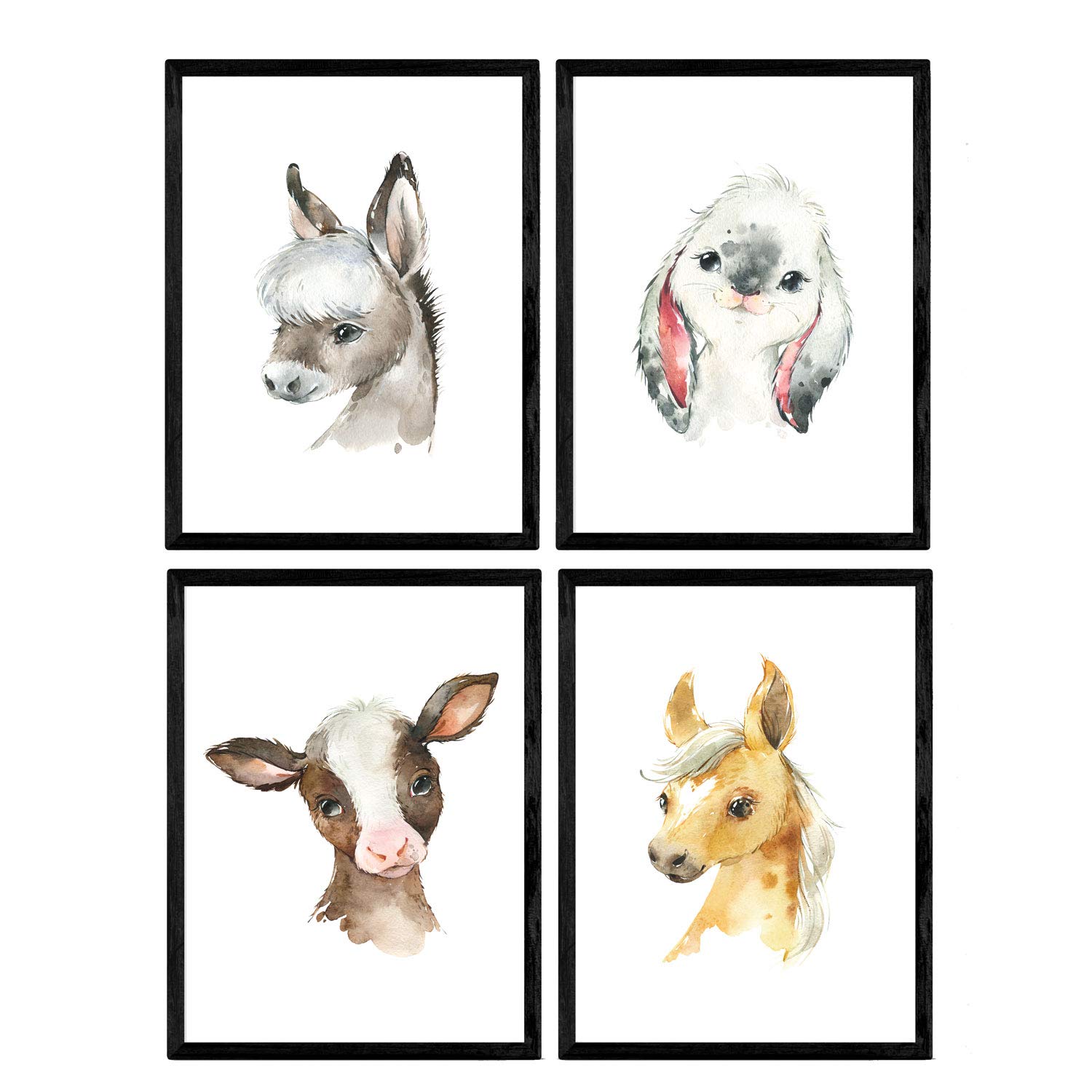Nacnic Pack of four sheets with illustrations of animals. Posters with children's animal pictures. Horse rabbit cow and donkey. A4 unframed