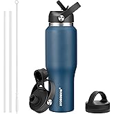 HYDROWION 32oz Stainless Steel Water Bottle(Cold for 48 Hrs, Hot for 24 Hrs), Double Wall Vacuum Insulated Water Flask with Straw Lid, Spout Lid and Flex Cap, Fit in Any Car Cup Holder, Cobalt