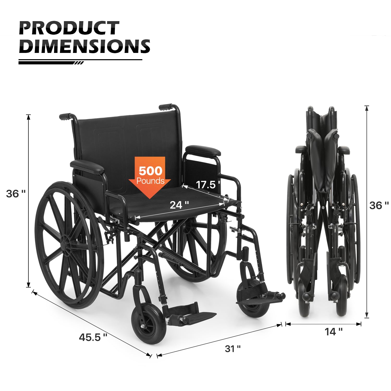 monicare Wide Foldable Bariatric Wheelchair for Adult 500-lbs Heavy-Duty Folding Transport Self-Propelled Wheel Chair with 24-Inch Seat