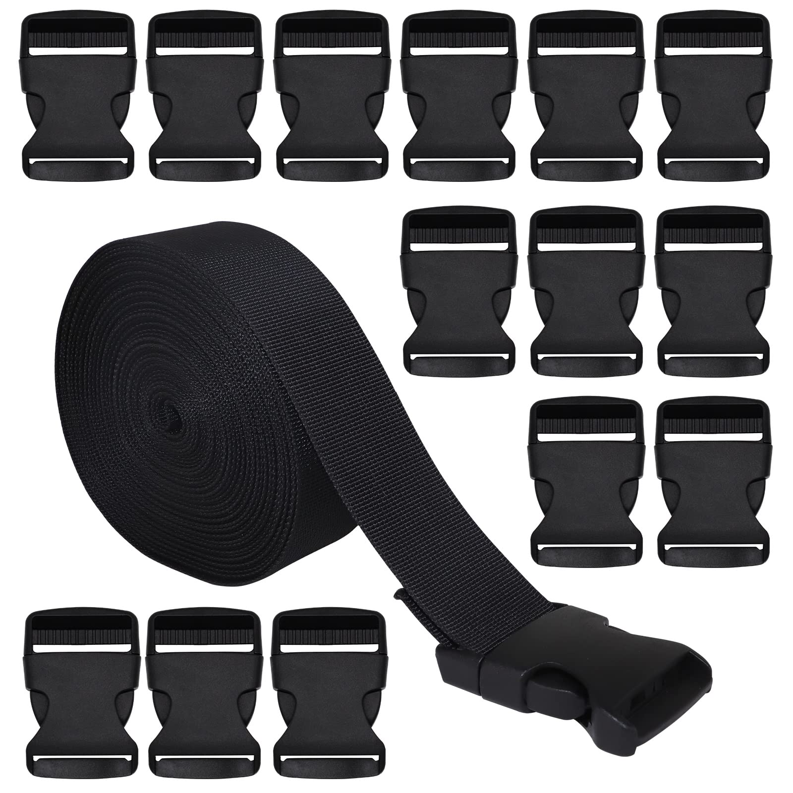 RETON 38mm Wide 10 Yards Black Nylon Webbing Strap + 15 PCS Adjustable Buckles Plastic Side Release Buckles for Repairing Backpack Pet Collar Making DIY Luggage Strap and Outdoor Supplies.