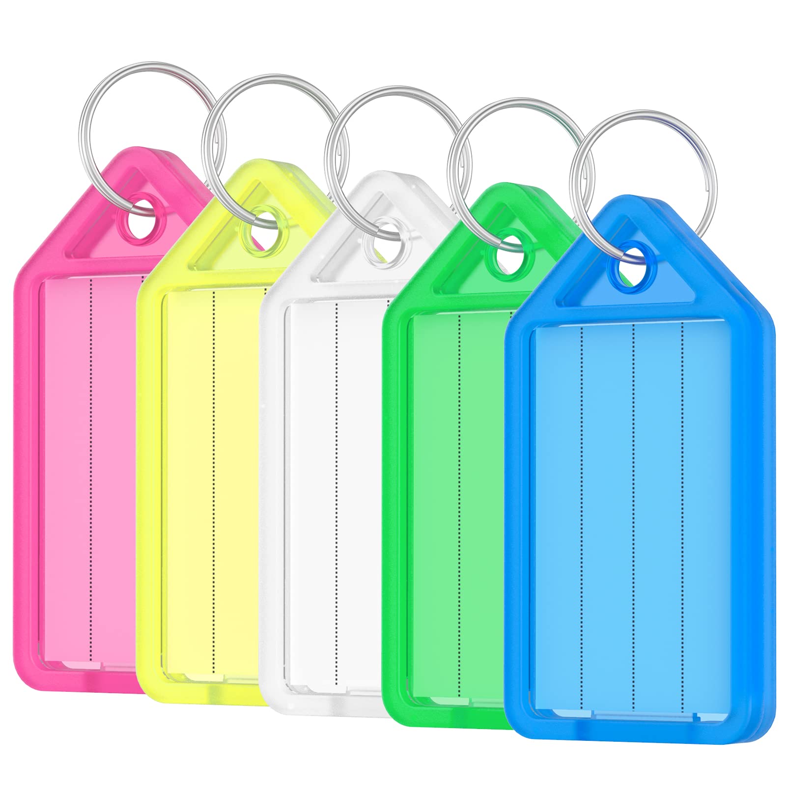 Uniclife 40 Pieces Key Tags 5 cm Plastic Key Chain Tags with Ruled Blank Paper Labels Transparent Covers and Split Rings Sturdy Item Identifiers, 5 Colors