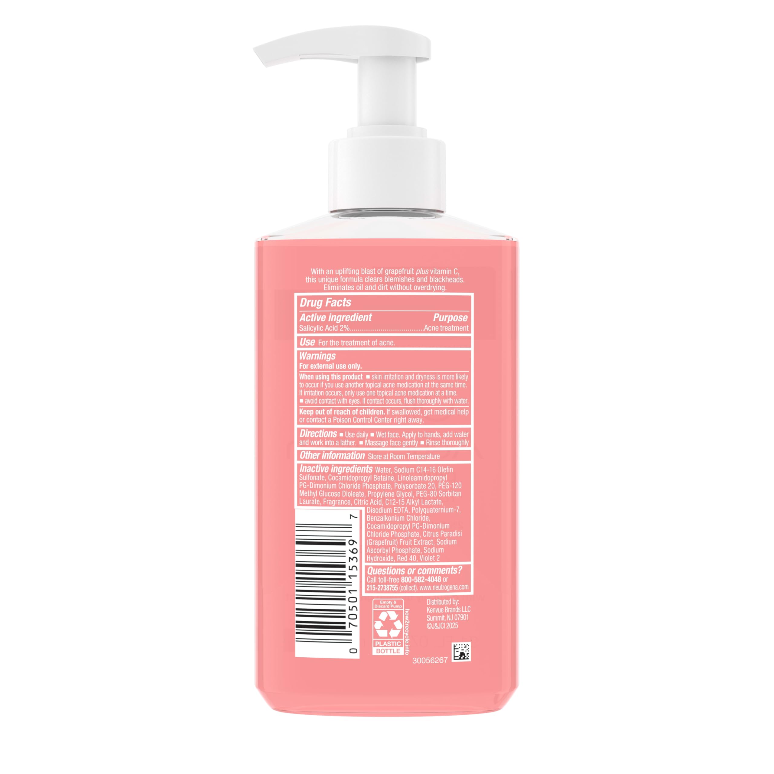 Neutrogena Oil-Free Pink Grapefruit Acne Face Wash, Vitamin C & Salicylic Acid Cleanser, Daily Acne Treatment For Face, Blemish & Blackhead Clearing Facial Cleanser, 9.1 fl. oz