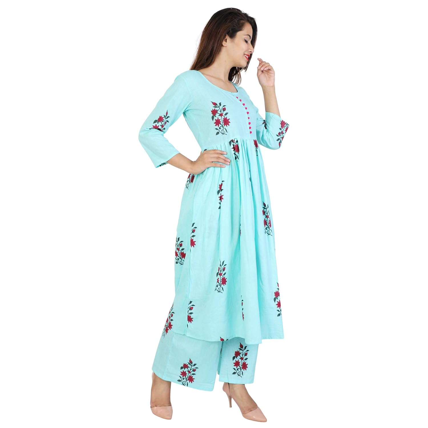dhara sky blue colour cotton material designer kurta plazzo set for women
