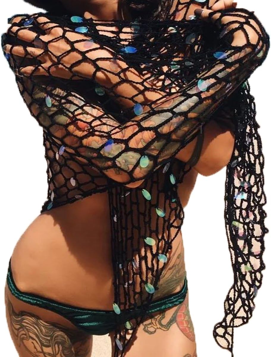 Women Crochet Beach Cover up Fishnet Sarong Wrap with Shells Pailletes