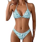 MakeMeChic Women's Polka Dots Triangle Thong Bikini Sets Floral Cute Bathing Suit Swimsuits