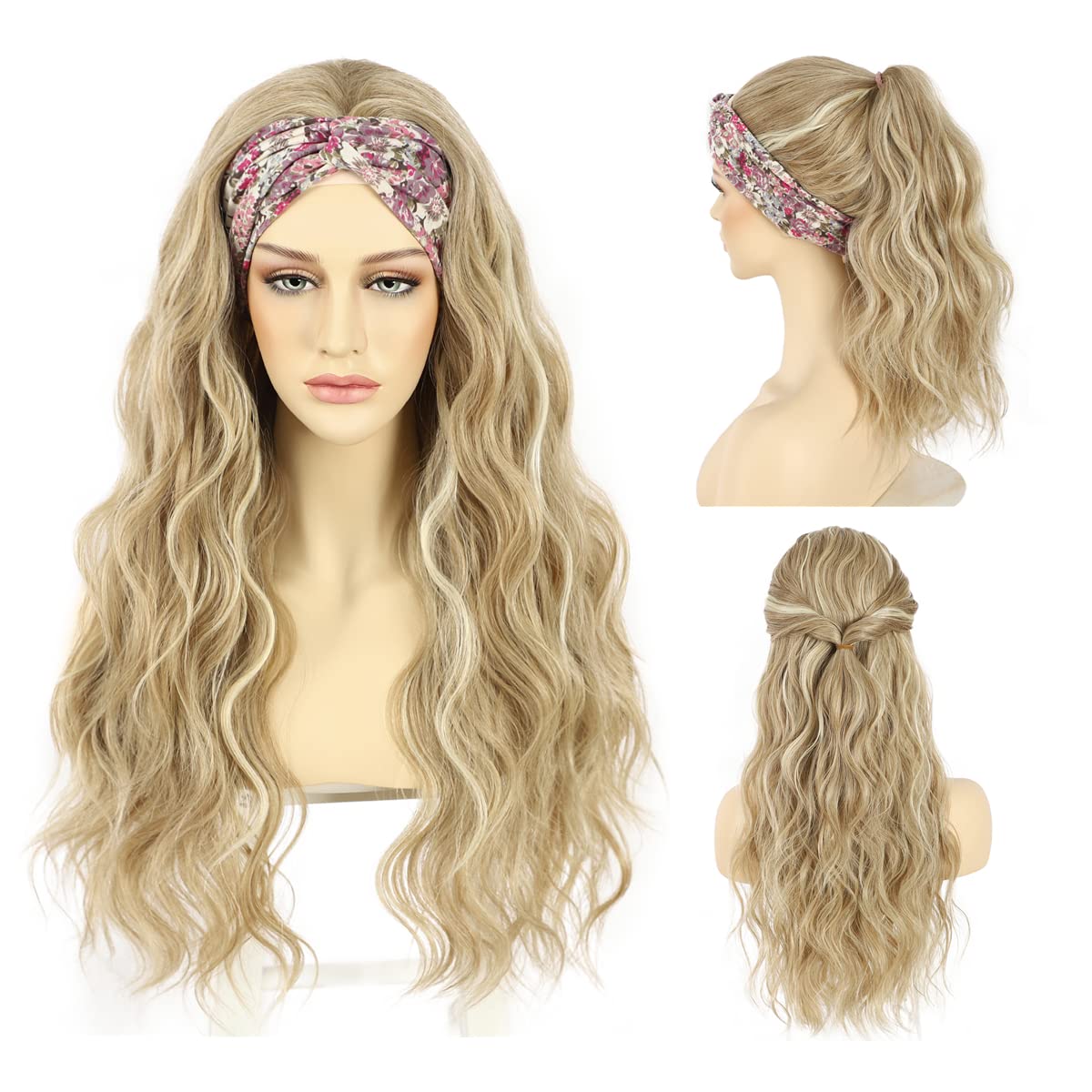 Sapphirewigs Headband Wig Highlight Blonde Wavy Synthetic Wigs for Women Glueless Daily Wear Cosplay Headband Hair 150% Density 26 inch — image 1