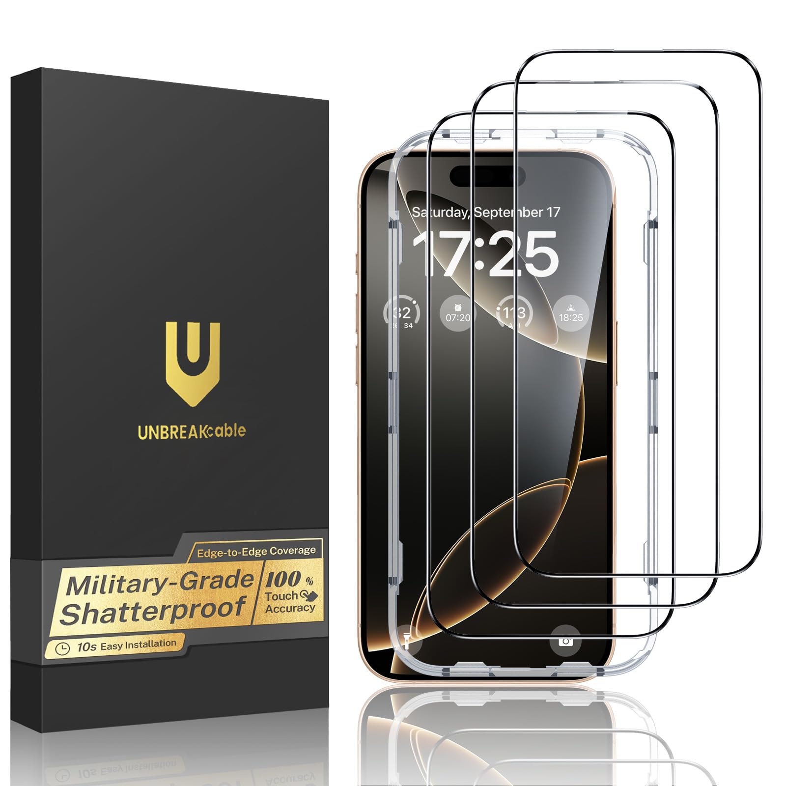 UNBREAKcable for iPhone 16 Pro Screen Protector, 3-Pack Full Coverage Tempered Glass [Military Grade Shatterproof] [9H Hardness] [Easy Installation Frame] [Bubble Free] for iPhone 16 Pro 6.3"