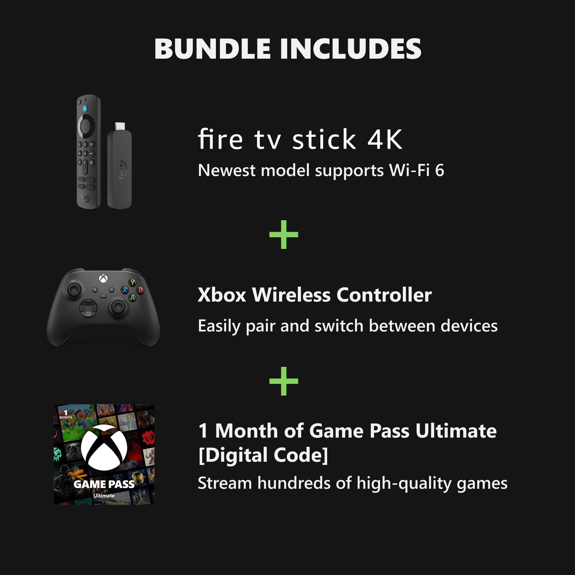 Amazon Fire TV Stick 4K, Carbon Black Core Wireless Controller, and 1 Month Game Pass Ultimate Bundle