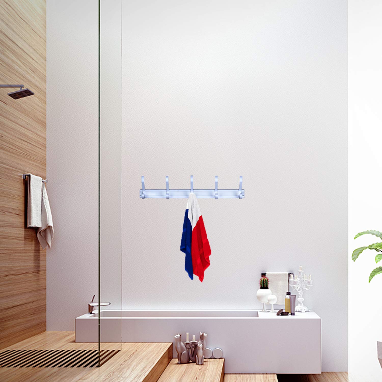 Insnew Coat Rack Wall Mounted - Coat Hook Rack Rail Hanger to Hang Coat Clothes, Purse, Hat, Towel, Key - White Finish Satin Nickel Portable 5 Hooks for Entryway, Kitchen, Bathroom, Door, Closet Room