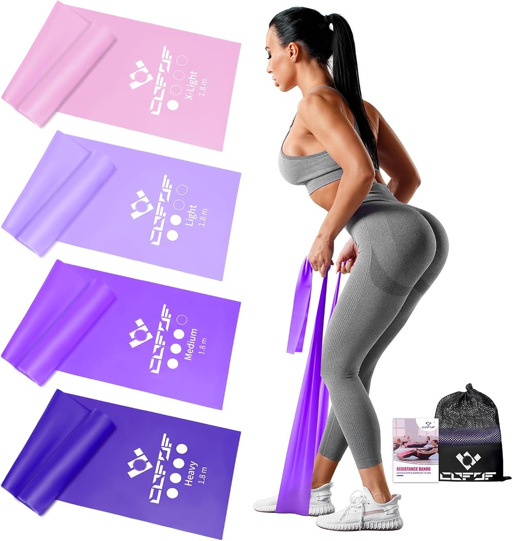 COFOF Resistance Bands Set 4 Levels 1.8m with Carry Bag Fitness Yoga Pilates
