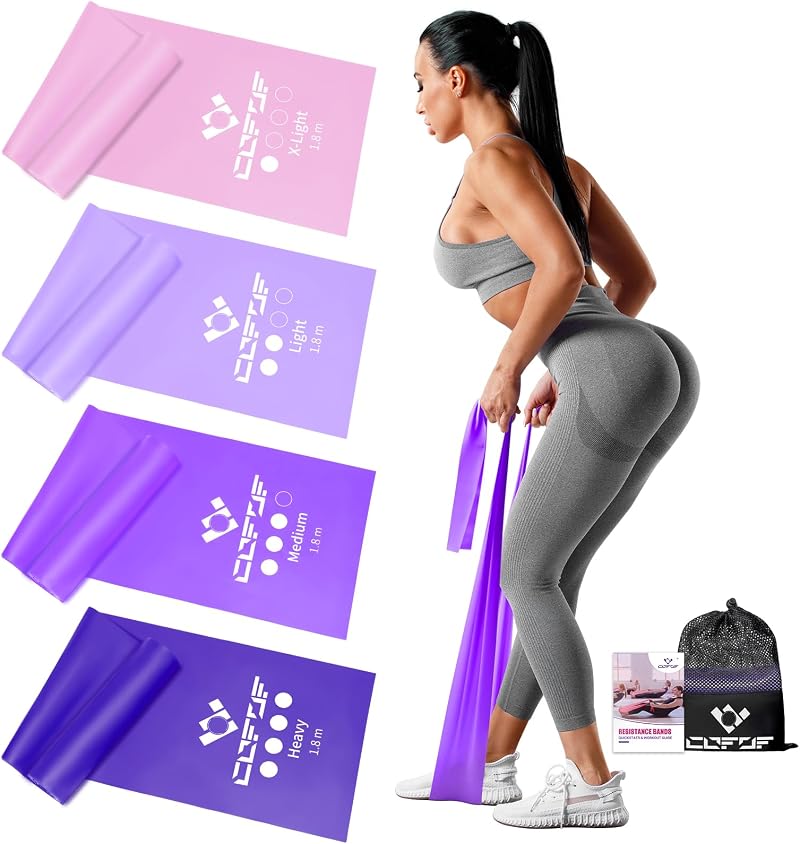 COFOF Resistance Bands Set 4 Levels 1.8m with Carry Bag Fitness Yoga Pilates