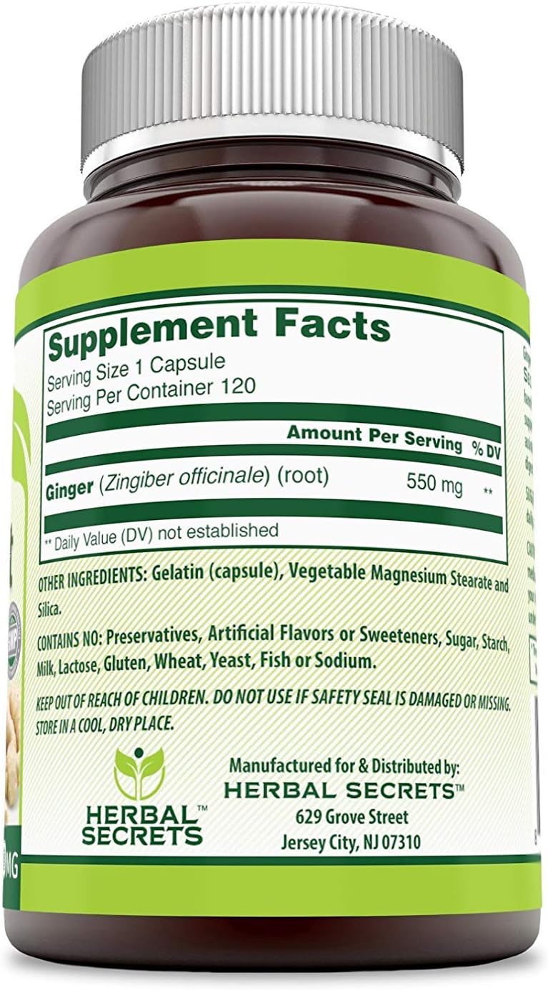 Herbal Secrets Ginger Root 550 Mg 250 Capsules (Non-GMO)- Helps to Reduce Nausea * Supports Upset Stomach*: Health & Personal Care