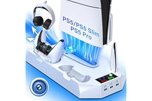ZRZLMVP PS5 Slim Stand with Cooling Station for PS5 & PS5 Slim Console Disc/Digital Edition, PlayStation 5 Cooling Station with Dual PS5 Controller Charger, 3 Levels Cooling Fan, 3 USB Hubs, Headset Holder