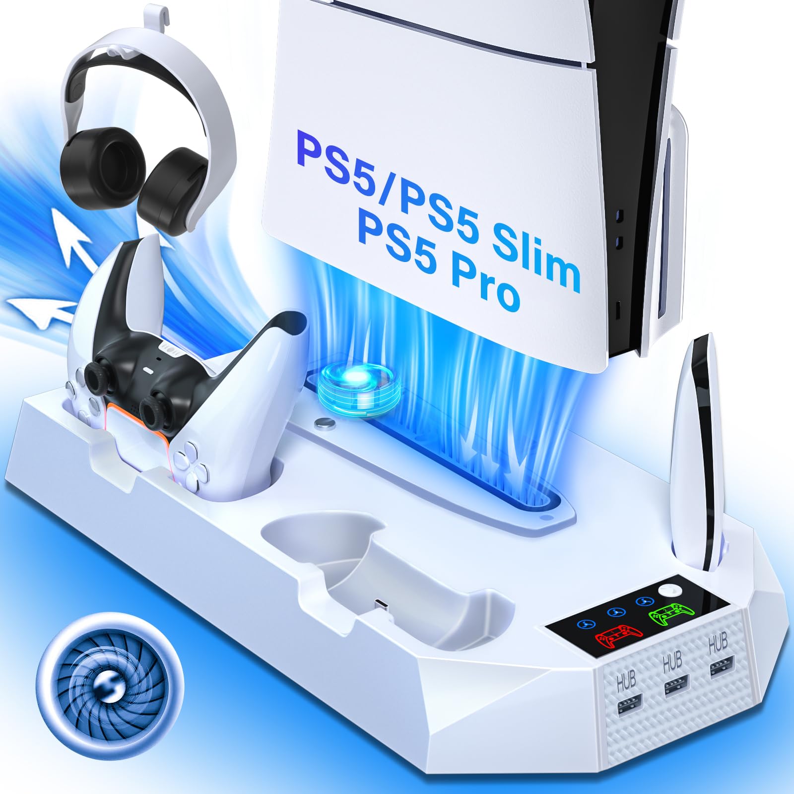 Cooling Station for PS5/PS5 Slim with Dual Controller Charger, Vertical Cooling Stand for PlayStation 5 Slim with Remote Charging Dock, Accessories Charger kit for PS5 Pro with Cooler Fan, USB Hubs