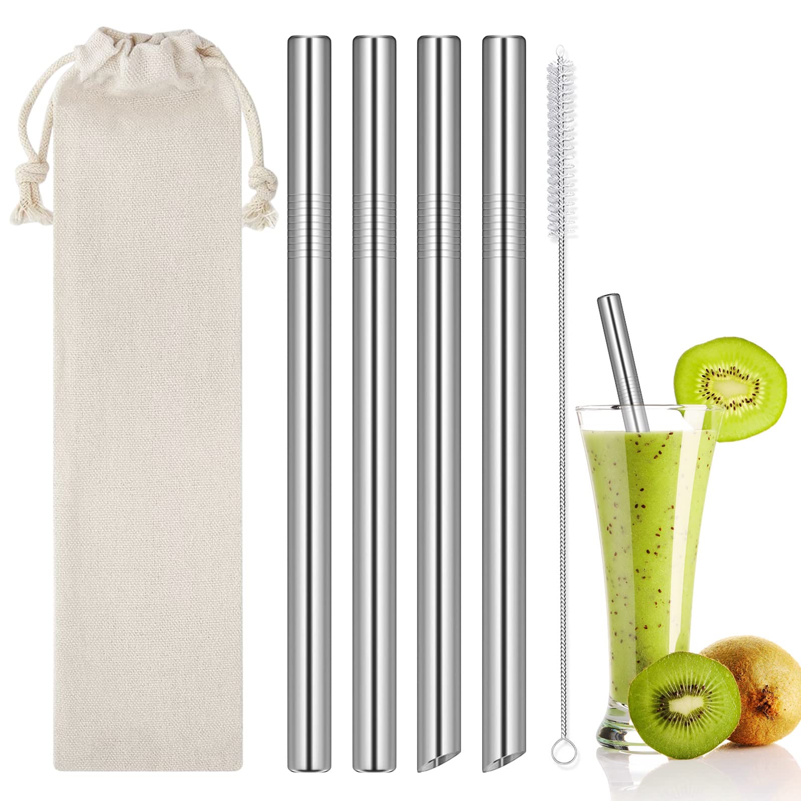 Reusable Boba Straws Thick Straws [Extra Wide] Milkshake Straws Stainless Steel Metal Straws for Drinking 12MM Smoothie Straws with Straws Cleaner for Bubble & Boba Tea, Milkshakes, 5 Pieces