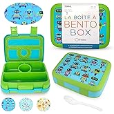 kinsho Bento Lunch Box for Kids Toddlers Boys, 4 Portion Sections Secure, BPA Free Removable Tray, Pre-School Kid Daycare Lunches Snack Container, Green Robot Ages 3 to 5