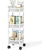 TOOLF 3 Tier Foldable Rolling Cart, Metal Utility Storage Cart, White | Assembly-Free, Lockable Wheels, Round Trolley Organizer for Bathroom, Kitchen, Office, Dorm, Laundry, Craft Room