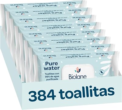 Biolane - Toalhitas para bebés com água pura, 384 toalhitas (8 embalagens de 48 unidades), 99% água purificada, apenas 4 ingredientes, sem fragrância, pele sensível, recém-nascida, 100% fibras vegetais, sem plástico