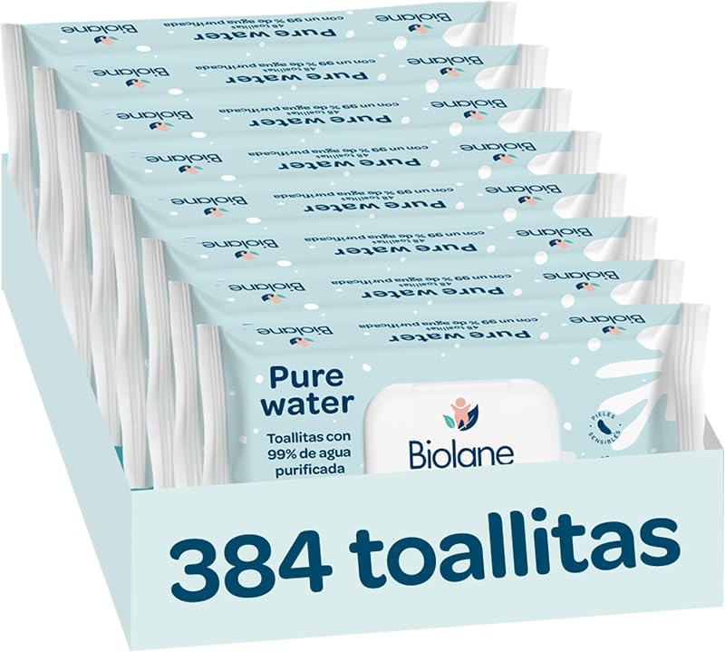 Biolane - Toalhitas para bebés com água pura, 384 toalhitas (8 embalagens de 48 unidades), 99% água purificada, apenas 4 ingredientes, sem fragrância, pele sensível, recém-nascida, 100% fibras vegetais, sem plástico