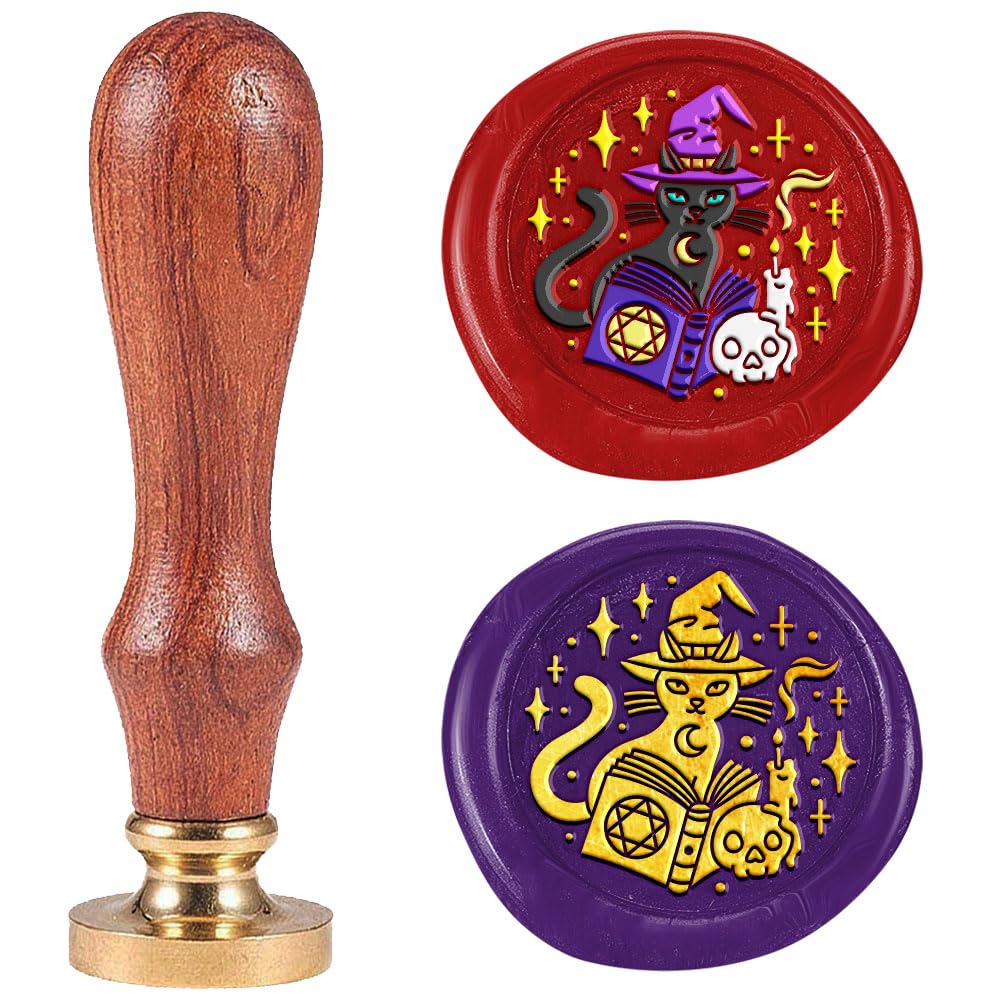 DELORIGIN Halloween Magic Black Cat Wax Seal Stamp Vintage Sealing Stamps 1" Removable Brass Head Seal Stamp with Wooden Handle for Envelope Greeting Card Letters Halloween Invitations Gift Wrapping