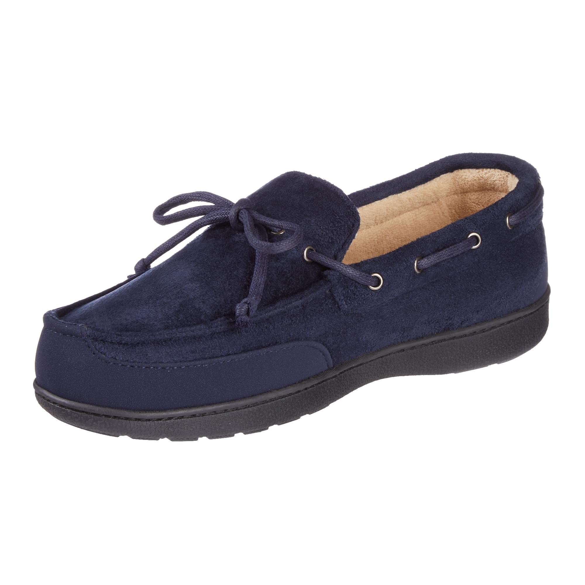 Isotoner Men’s Carter Boater Moc Slipper, Navy/Blue, 9.5-10.5