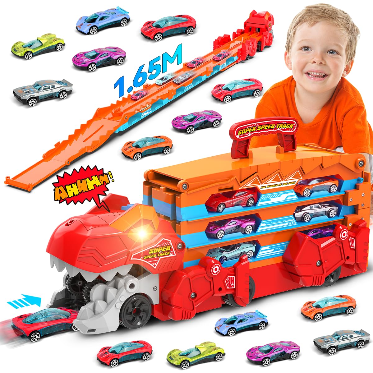 TERRAMUS Dinosaur Transport Truck Toys Car for Boys Aged 3 4 5 6, 3-In-1 Portable Truck Toy with 8 Race Cars, Ejection Folding Dinosaur Track Toy with Sound, Best Gift Carrier Vehicles Set for Kids — image 1