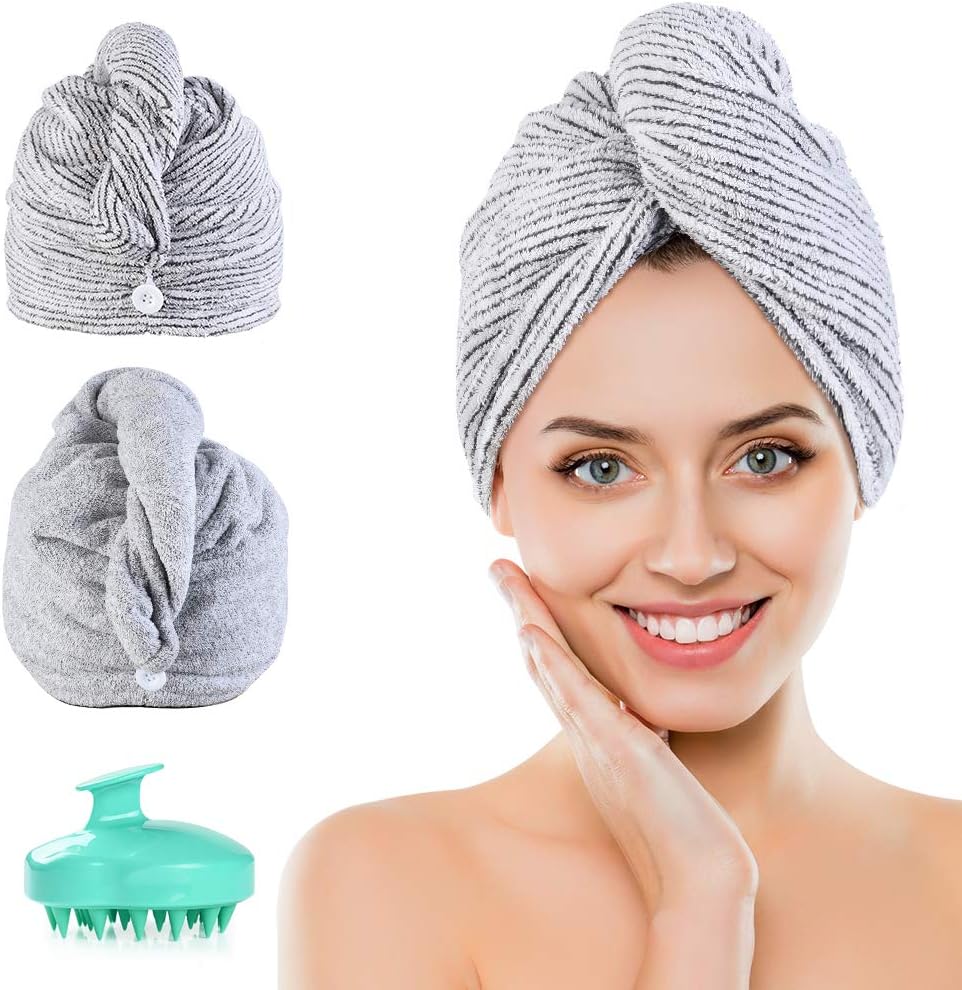 Microfiber Hair Towel Wrap,2 Pack Bamboo Charcoal Fiber Hair Drying Towel Super Absorbent Quick Dry Hair Turban for Curly,Longer,Thicker Hair for Women: Kitchen & Dining