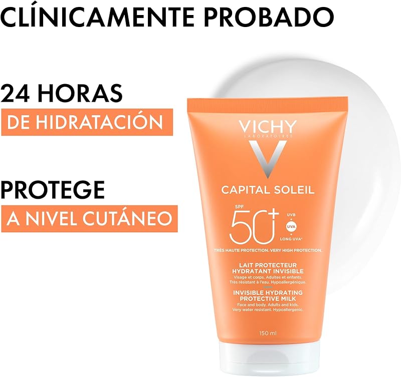 Capital Soleil Leche protectora solar hidratante invisible SPF50+, protección contra los rayos UVA+ UVB y UVA largos, 150 ml