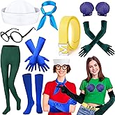 Honic 9 Pcs Halloween Couple Costume Include Sailor Hat,Glasses,Scarf,Scoks,Gloves,Belt,Seashell Bra and Pantyhose for Men Women Character Cosplay