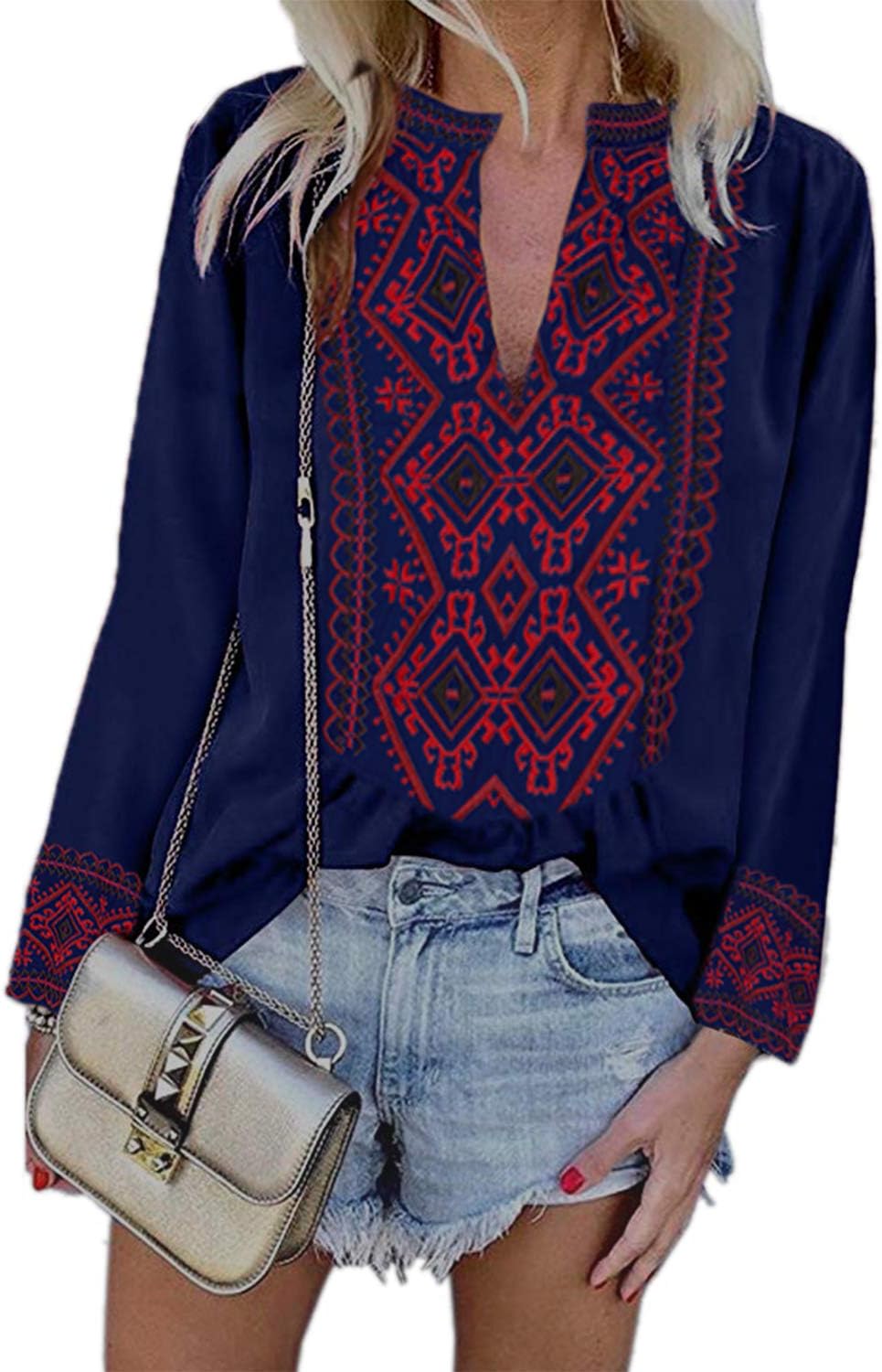 Mansy Women's Summer V Neck Boho Print Embroidered Shirts Short Sleeve Casual Tops Blouse