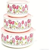 3pc Ceramic Nesting Bowls with Lids - Microwave Safe Food Storage Pink | Ceramic Bowls with Lids Food Storage Container Nesting Bowls Set for Soup Salad Picnic Camping Travel Gift
