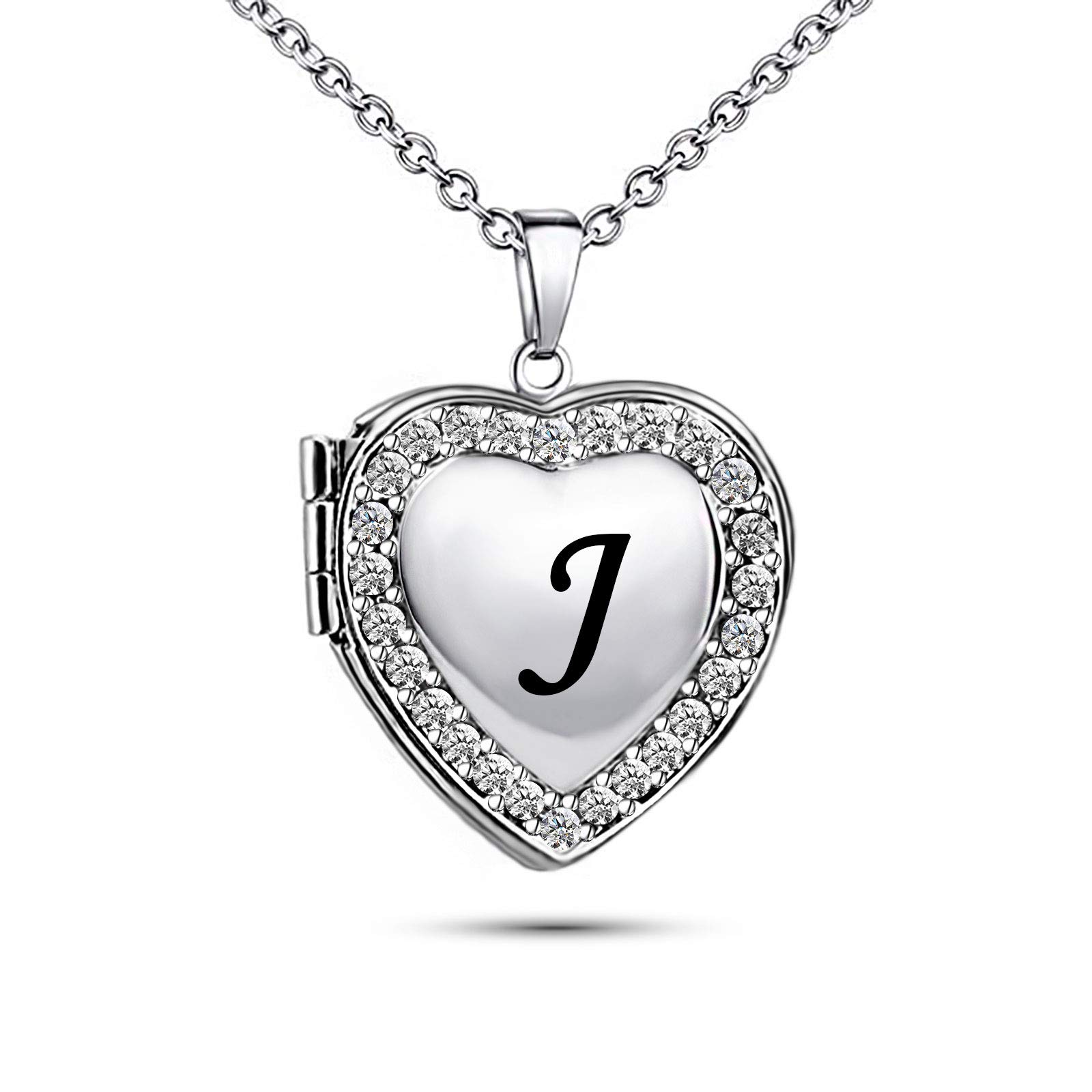 KunBead Jewelry 20 inch Crystal Heart Photo Locket Necklace for Pictures Ladies Alphabet Letter J Initial Name Necklace