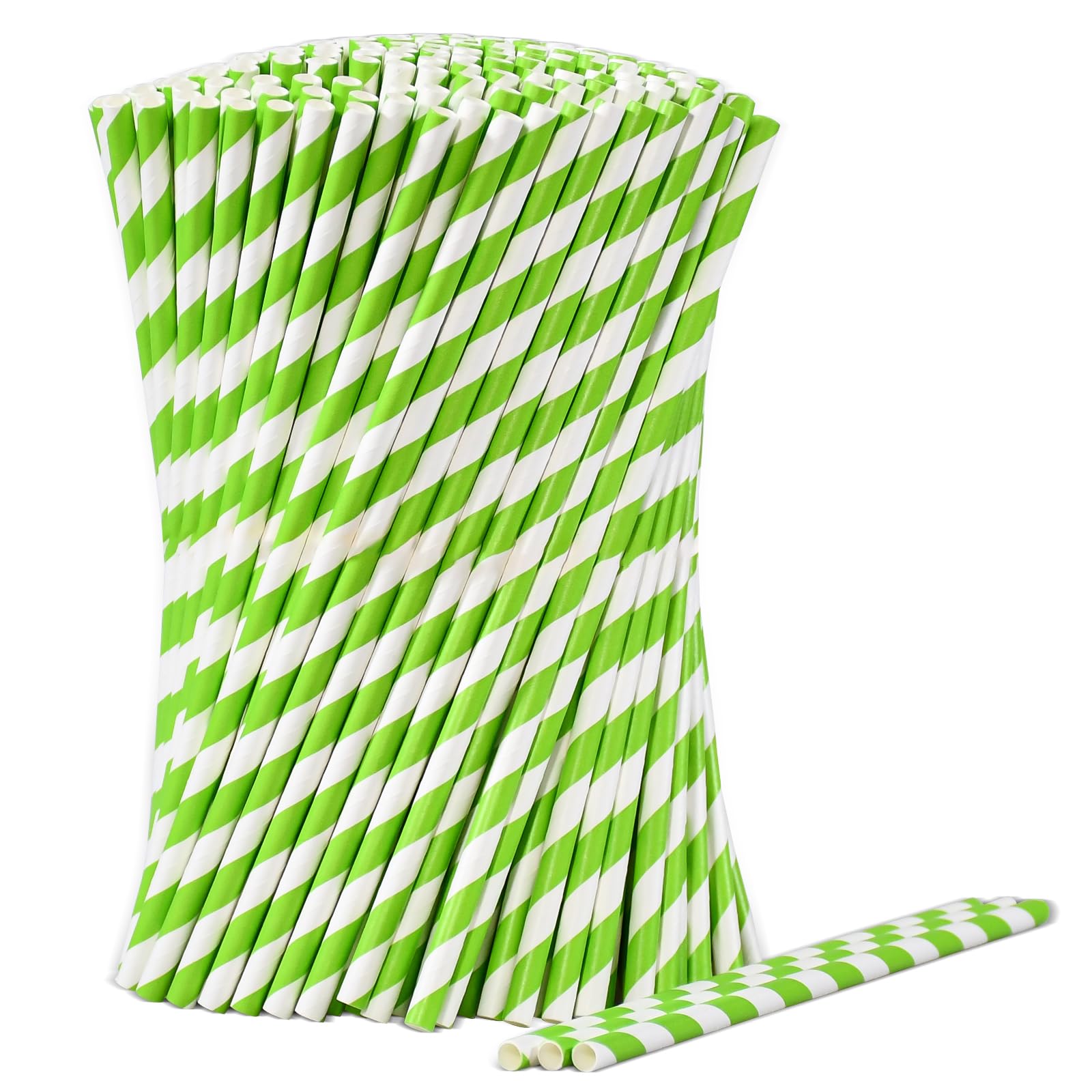 [1000 Pieces] Green White Striped Paper Straws, 7.75 x 0.25 Inches for Party, Wedding, Drinks, 100% Biodegradable and Compostable — image 1