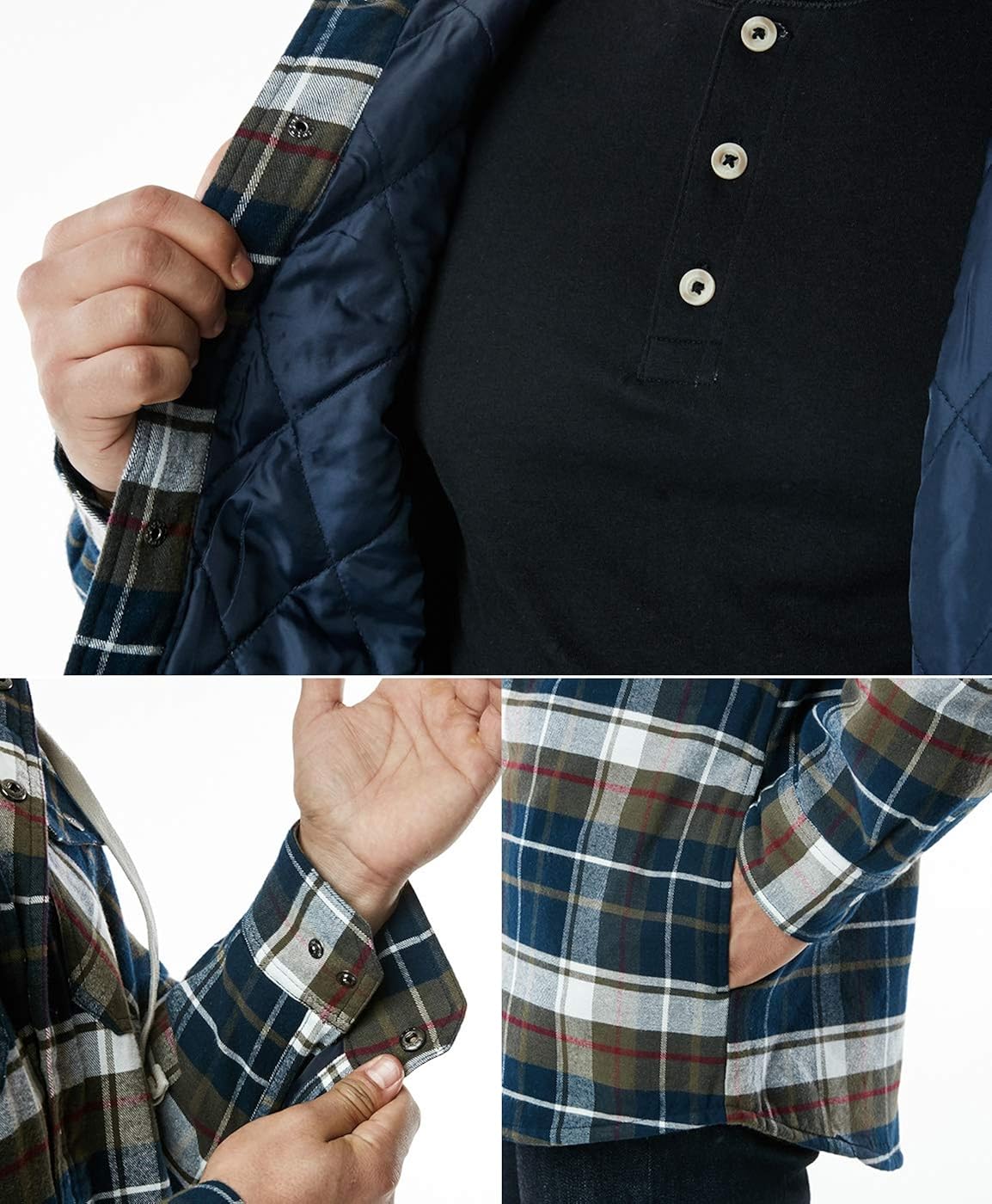 CQR Men’s Hooded Quilted Lined Flannel Shirt Jacket, Long Sleeve Plaid Button Up Jackets: Clothing