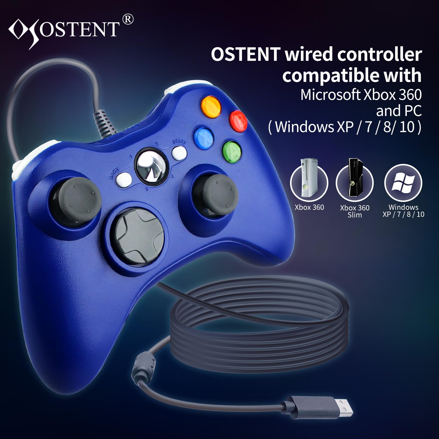 OSTENT Wired USB Controller Gamepad Joystick for Microsoft Xbox 360 Console Windows PC Laptop Computer Video Game Color Blue