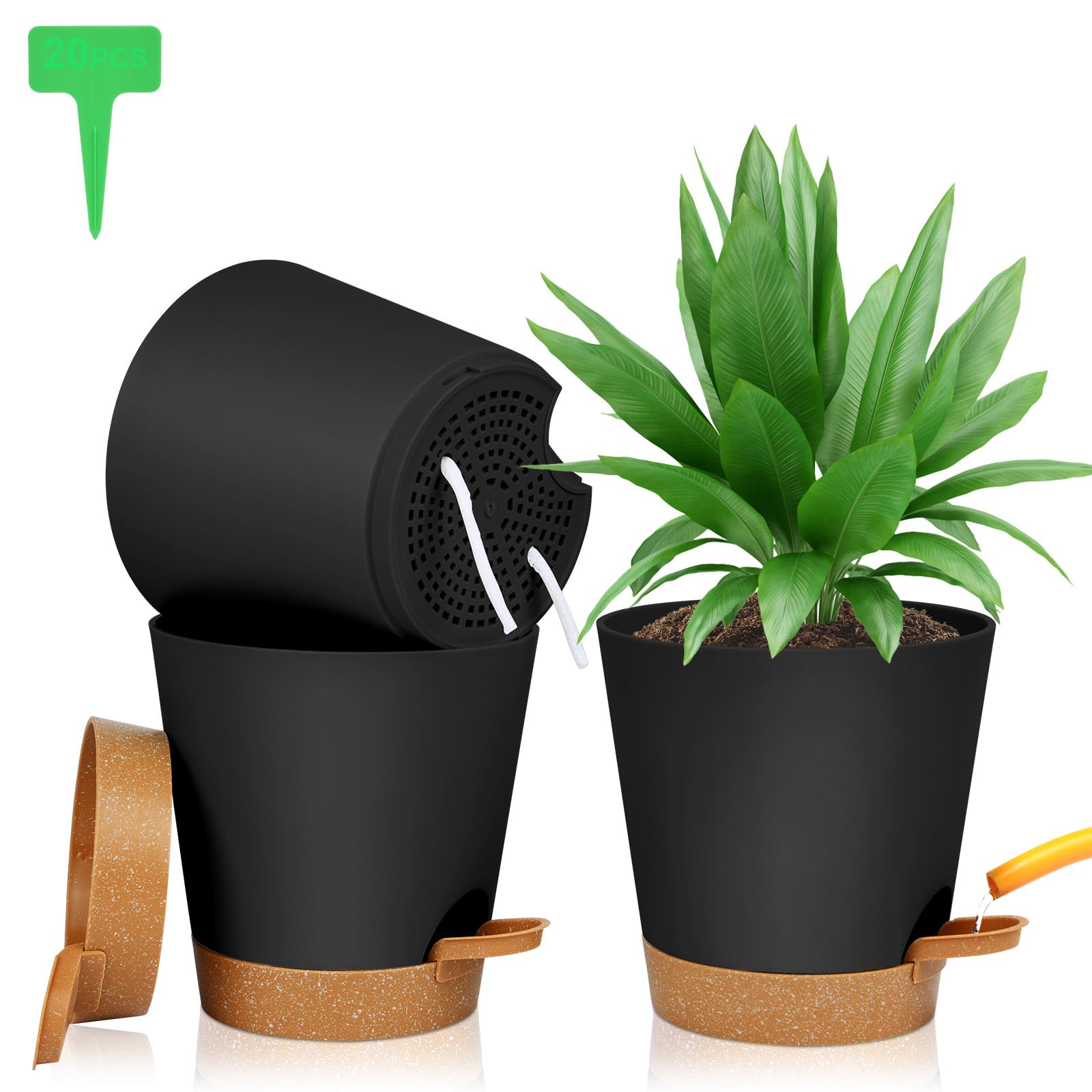 OFFCUP 3pcs Black Modern Plastic Plant Pots, 20cm Self Watering with Drainage Holes, Saucers and Reservoir, Suitable for Indoor Plants