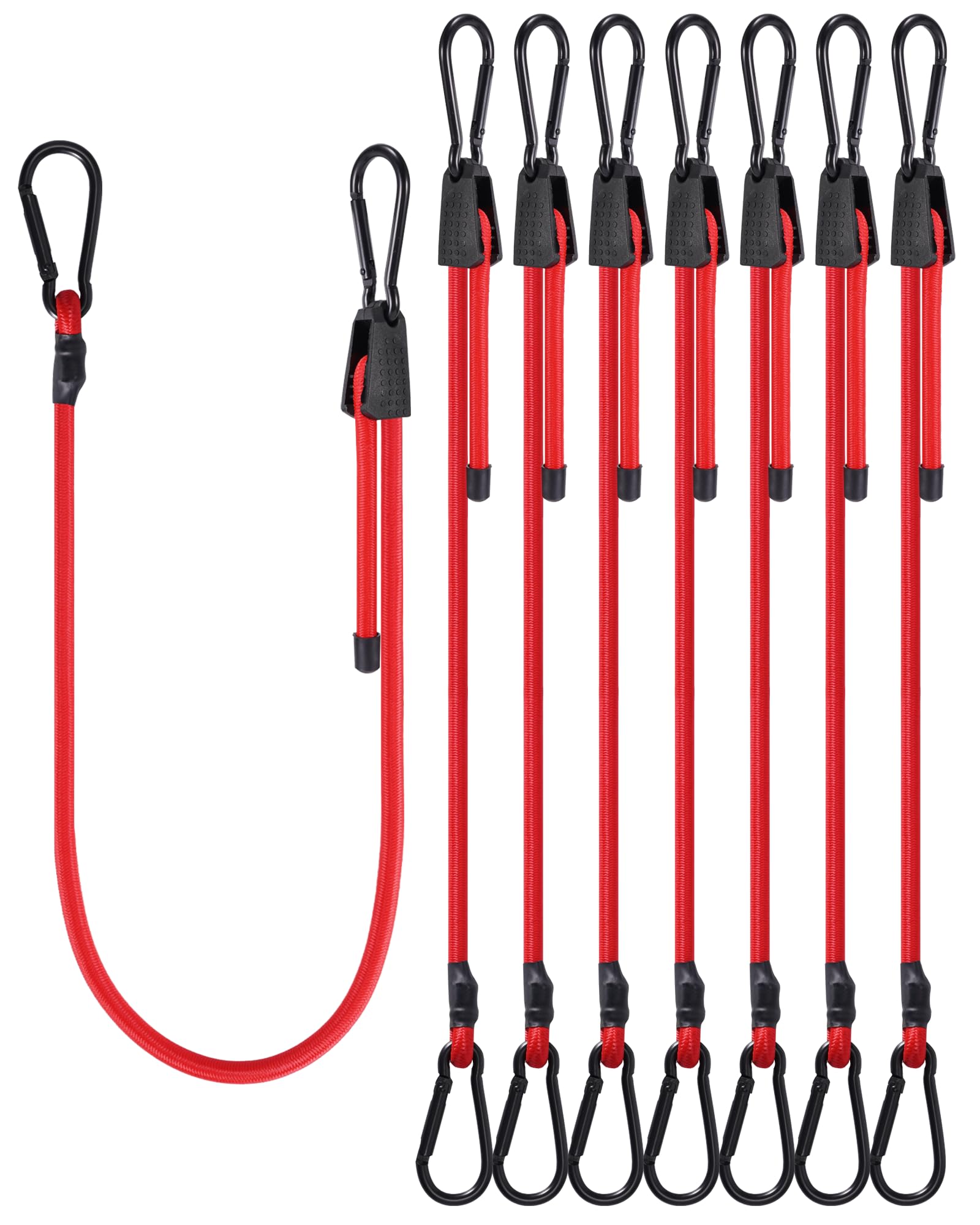 Photo 1 of 8 Pcs 48 Inch Adjustable Carabiner Bungee Cords with Hooks, Easy to Adjust from 7" to 48", Red Bungee Straps with UV-Resistance & Superior Elasticity for Cargo, Bike, Luggage, Carts, Truck, etc
