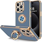 Hython for iPhone 15 Pro Case with Ring Stand, 360° Rotatable Ring Holder Magnetic Kickstand, Plating Rose Gold Edge Soft Cover Luxury Protective Phone Case for iPhone 15 Pro 6.1", Blue Gray