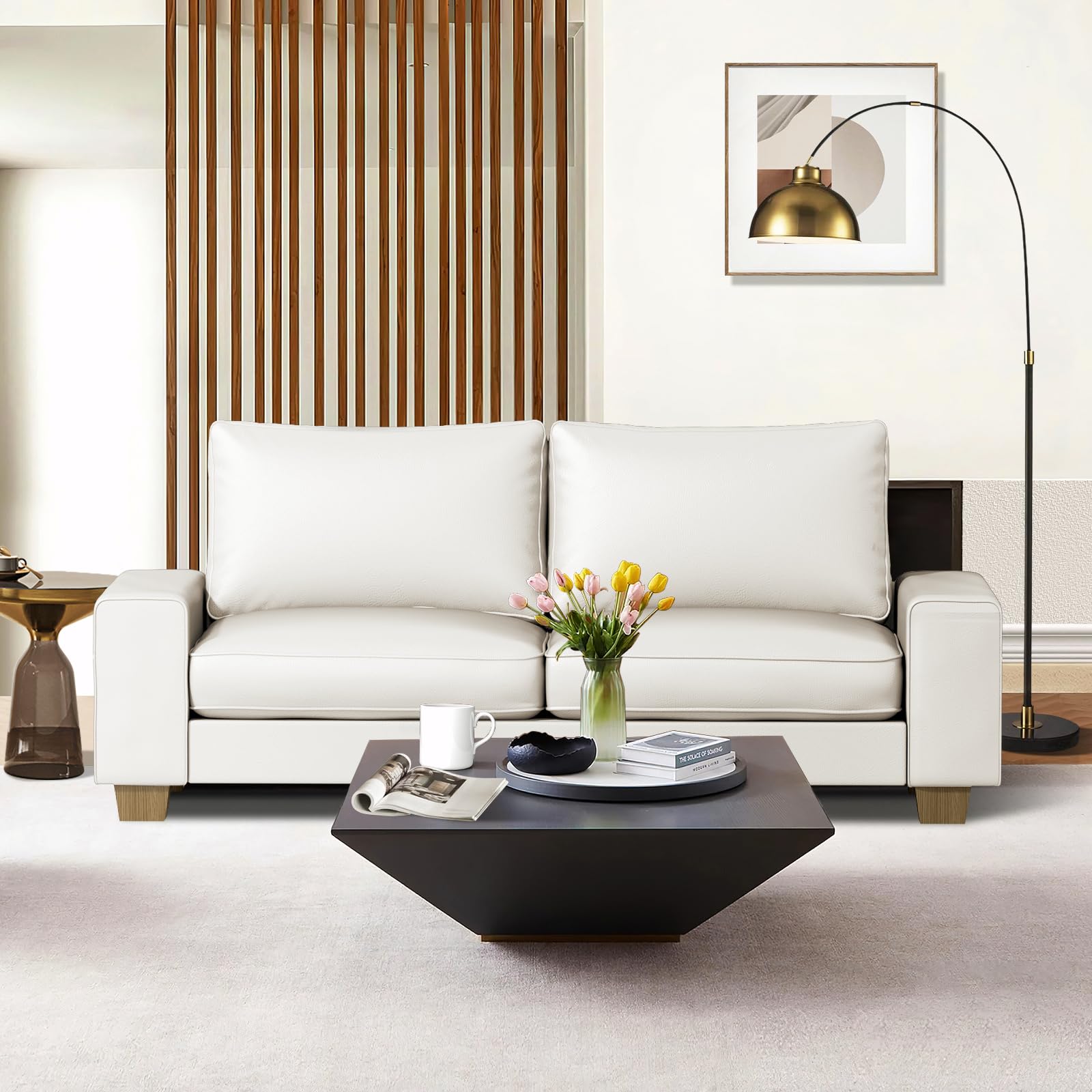 Photo 1 of **PARTIAL SET** Valthie Faux Leather Couch, Mid Century Modern Comfy Loveseat Sofa with Wide Arm, Side Pockets, Solid Wooden Frame for Office, Living Room and Bedroom, 2 Seater (White, 71.25 Inches)