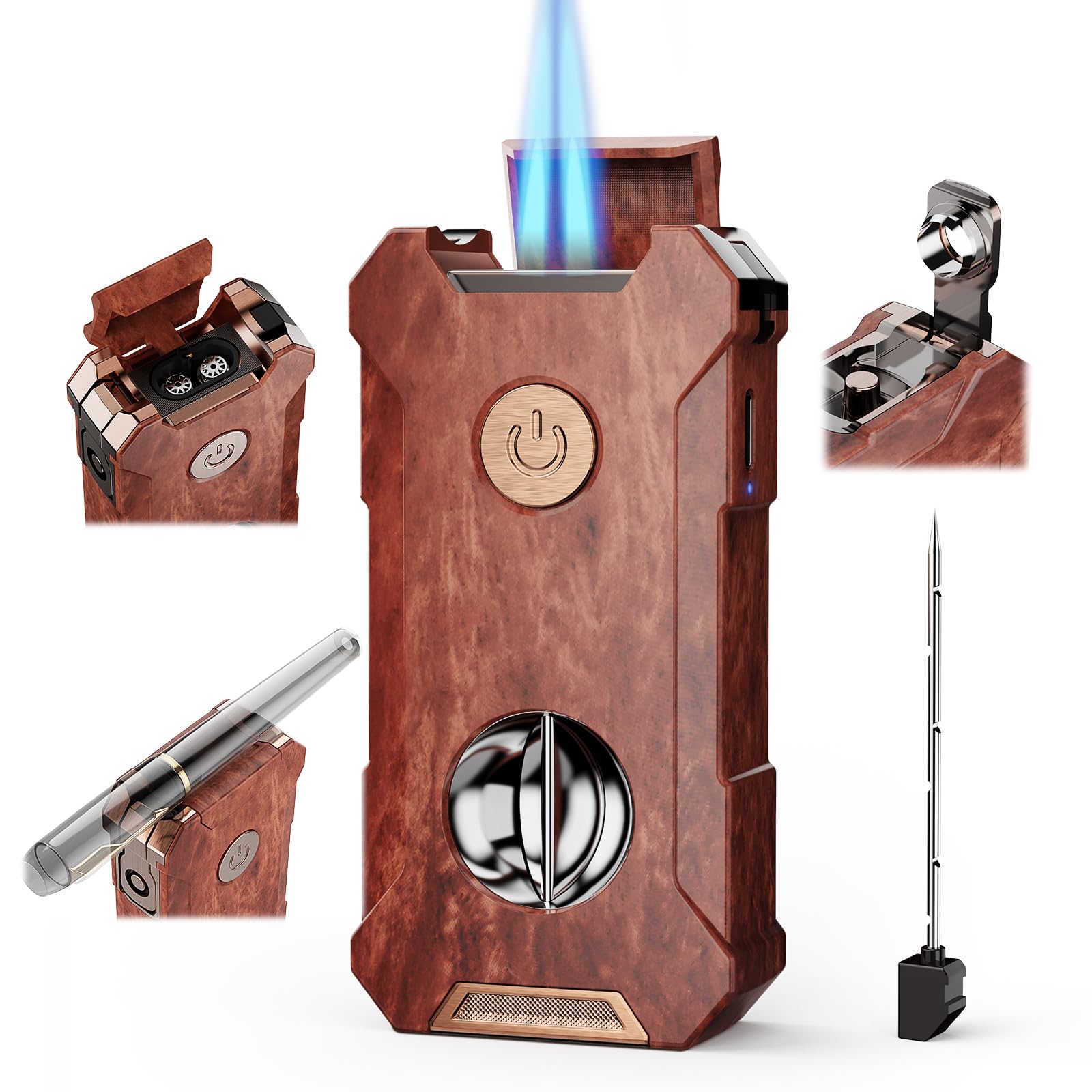 Photo 1 of 5-in-1 Torch Lighter with Tool, Holder, Punch, Draw Enhancer Tool, Double Jet Flame, Windproof Rechargeable Lighters, Versatile Gifts for Men, Refillable Butane Lighter for Candles, Travel