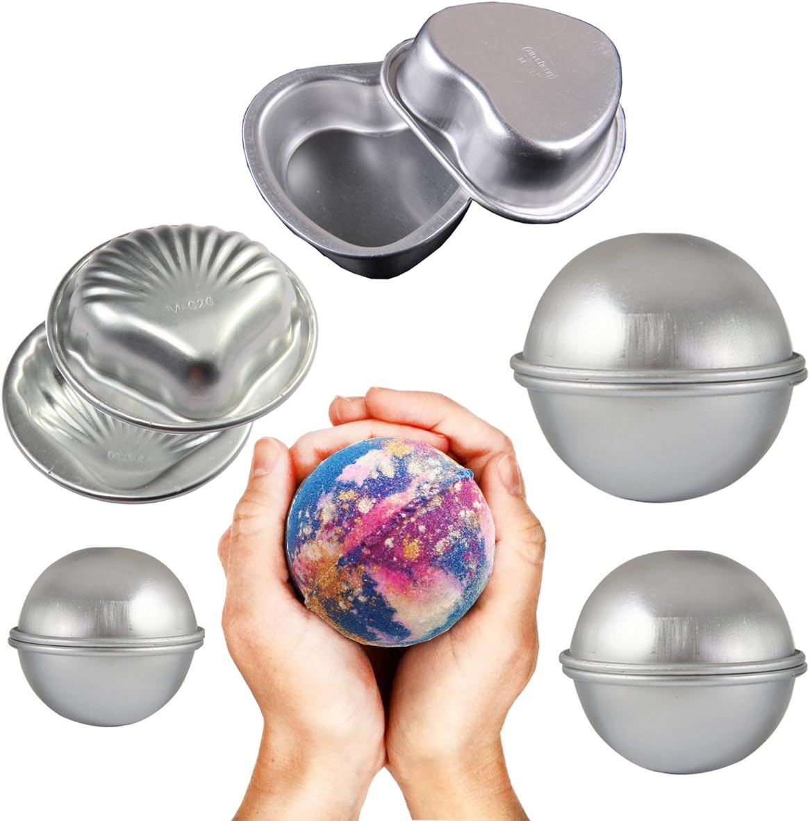 Emango DIY Metal Bath Bomb Molds Fizzies Set of 5, 2 Shell Shape, 2 Heart, 6 Hemispheres , Cake Pan Molds, Aluminum