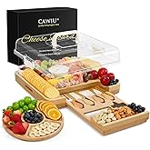 Premium Charcuterie Board with Lid – Bamboo Cheese Board Set with Utensils, Drawer & Fruit Tray – House Warming Gifts New Home, Wedding, Birthday, Bridal Shower (Cream)