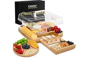 CAWIU Portable Bamboo Charcuterie Board Set with Clear Lid & Handle - Elegant Cheese Board with Knives & Accessories - All-in