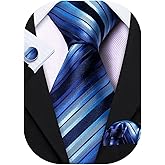 Barry.Wang Tie Sets for Men Silk Stripe Necktie Woven Checkered Handkerchief Cufflinks Formal Business Wedding