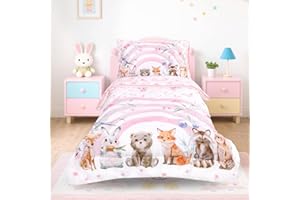 Hooyax Toddler Bedding Set for Girls - 4 Piece Rainbow Toddler Comforter Set Includes Fitted Sheet, Comforter, Pillowcase & Flat Sheet - Soft Comfort Microfiber for All Seasons